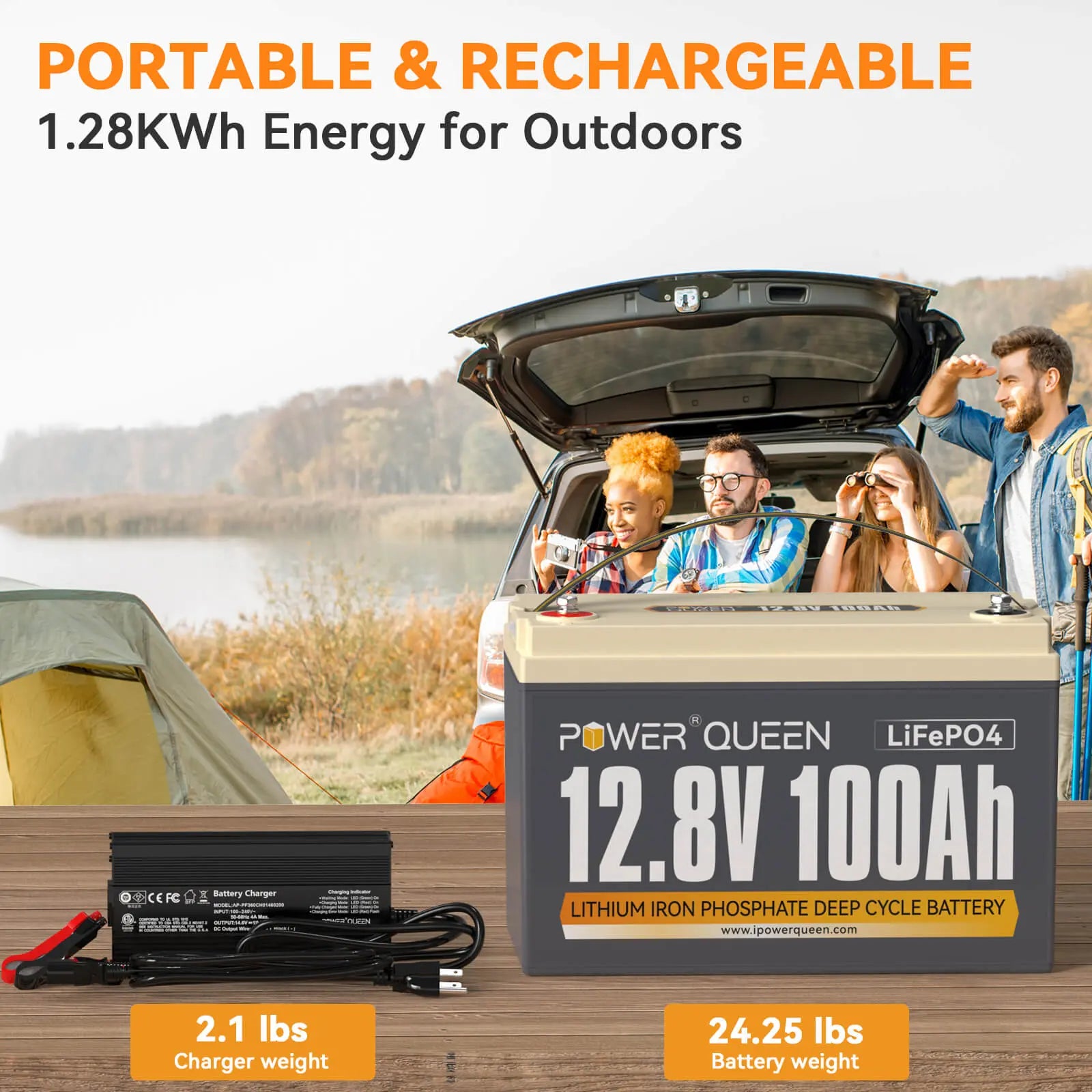 Power Queen 12.8V 100Ah LiFePO4 Battery + 14.6V 10A Charger Power Queen