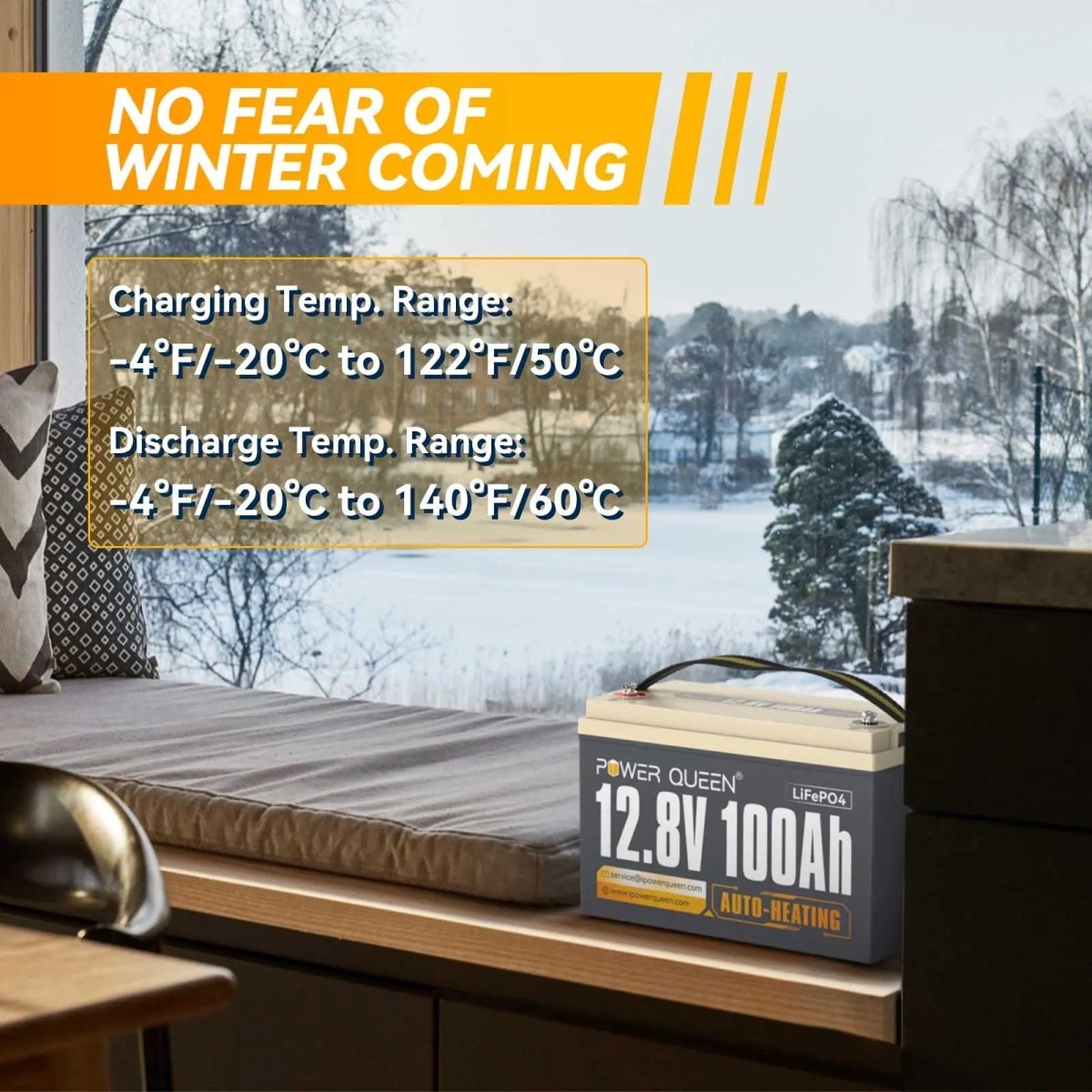 Power Queen 12.8V 100Ah Lithium Battery with Self-Heating