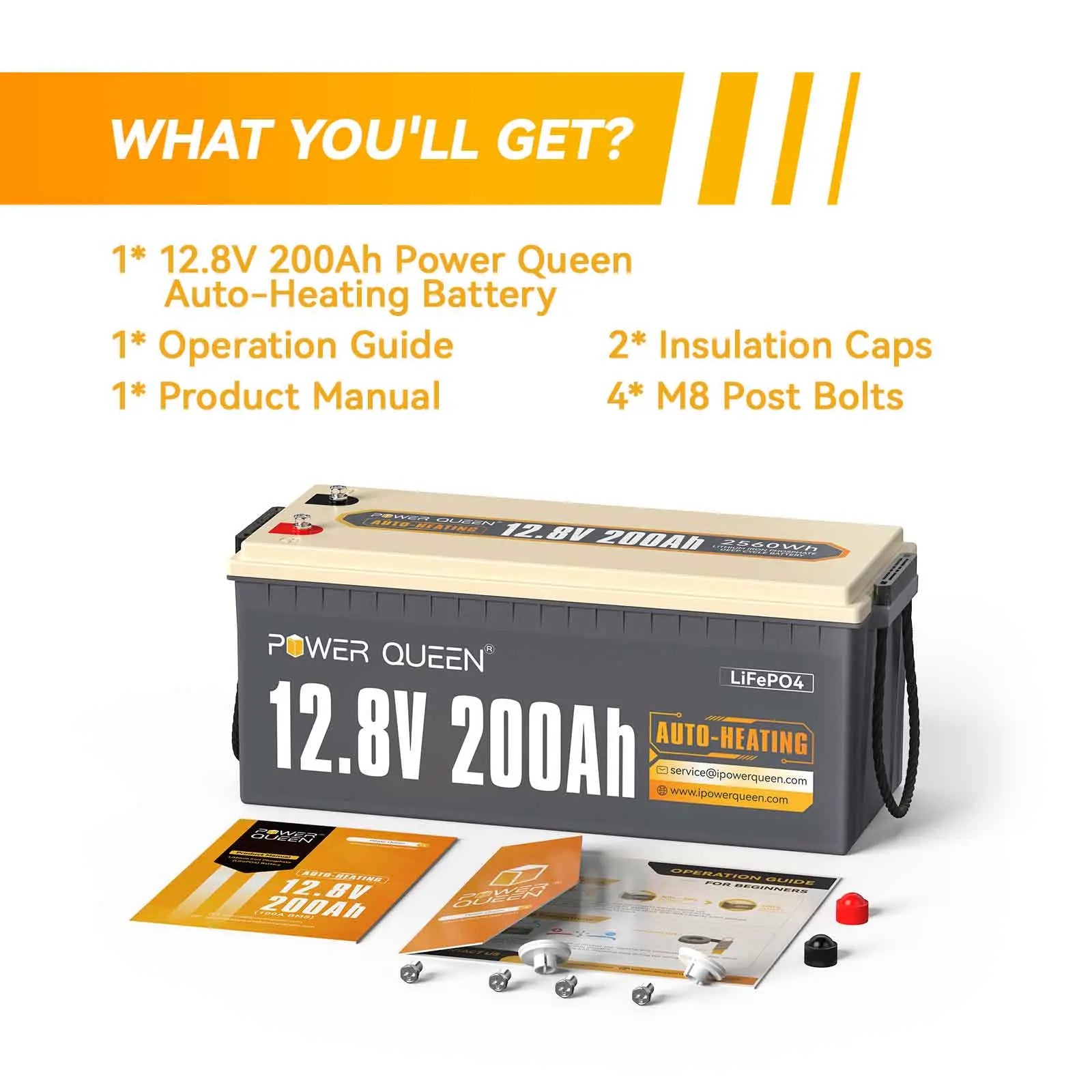 Power Queen 12.8V 200Ah Self-Heating Lithium Battery, Built-in 100A BMS Power Queen