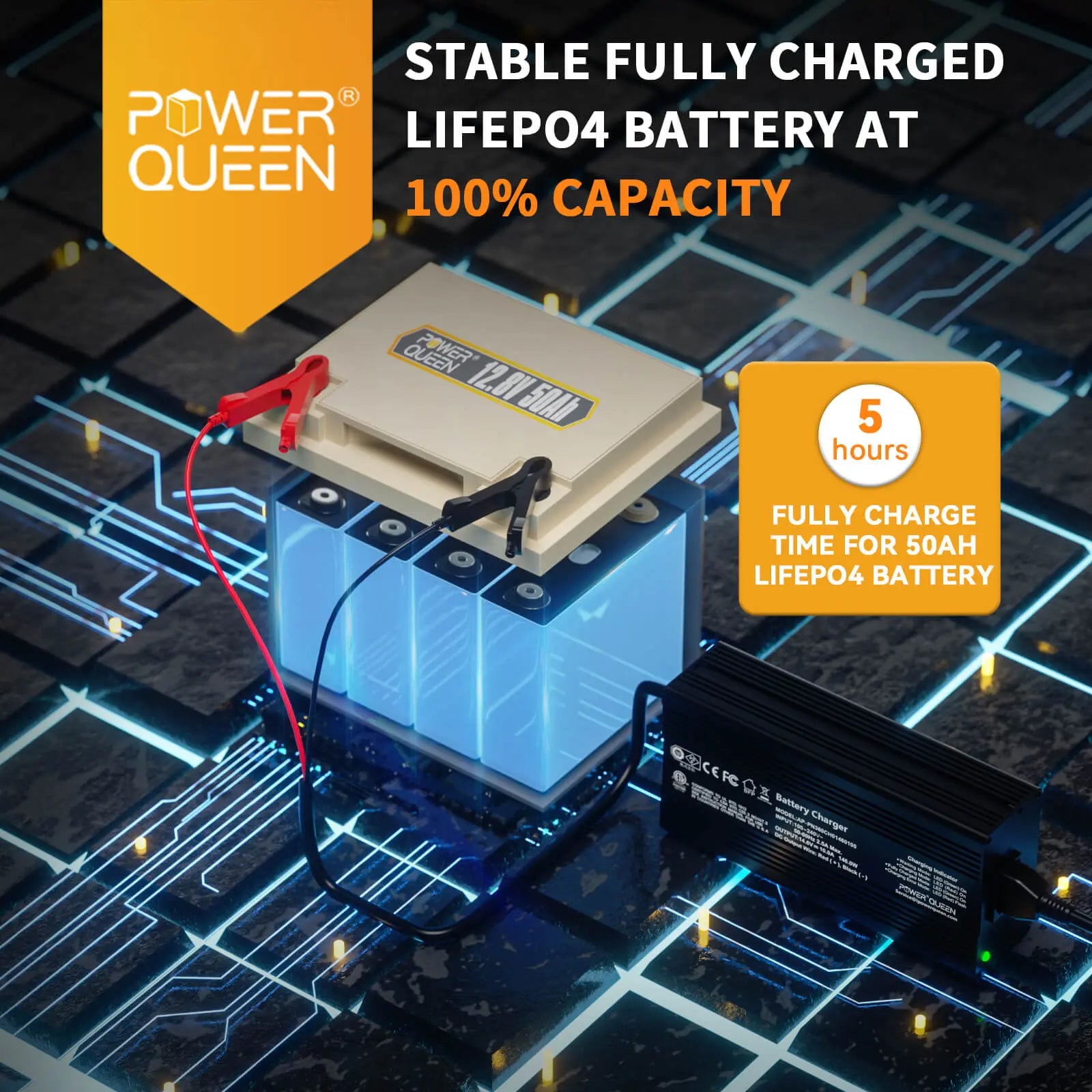 Power Queen 12.8V 50Ah LiFePO4 Battery with 14.6V 10A Automatic Smart LiFePO4 Battery Charger Power Queen