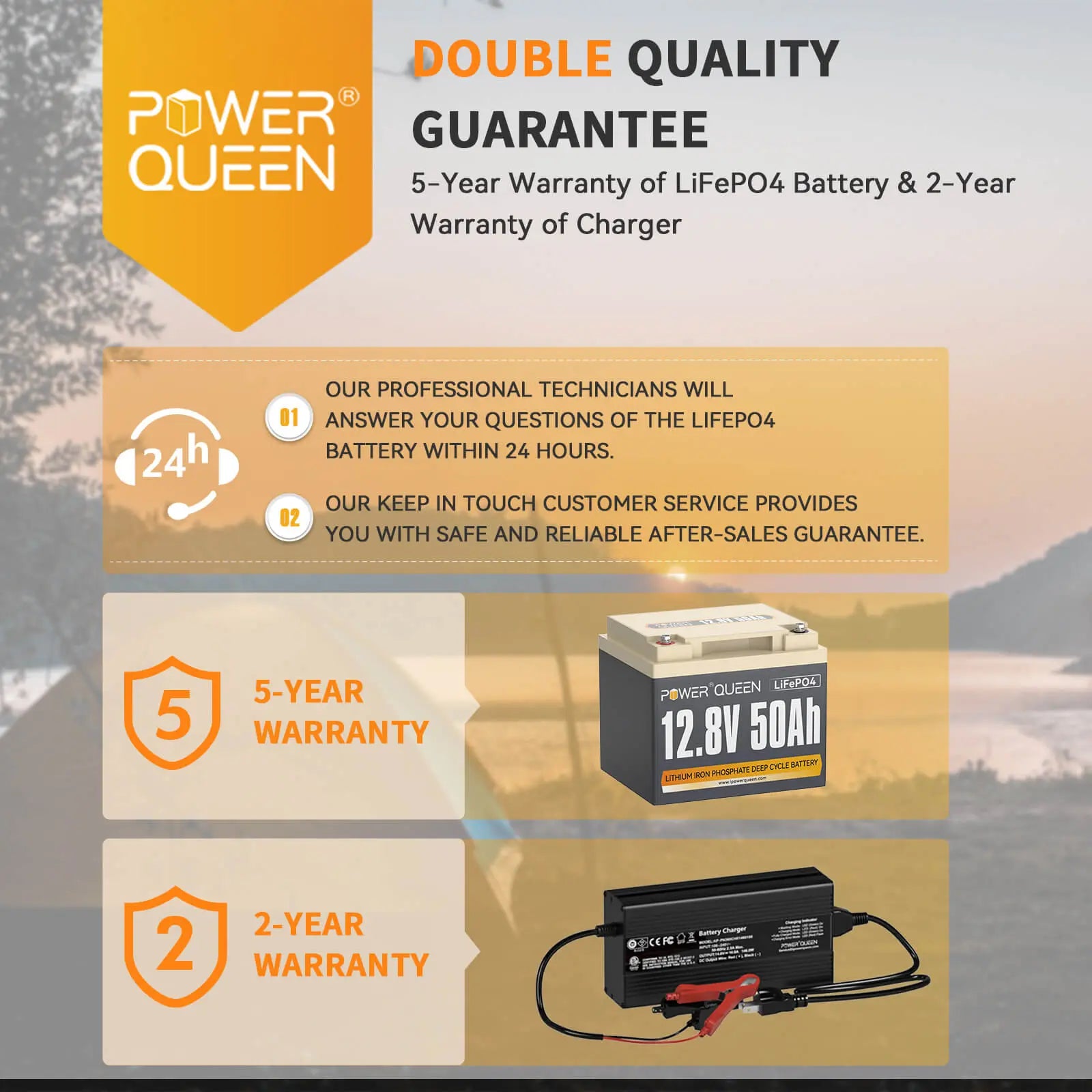 Power Queen 12.8V 50Ah LiFePO4 Battery with 14.6V 10A Automatic Smart LiFePO4 Battery Charger Power Queen
