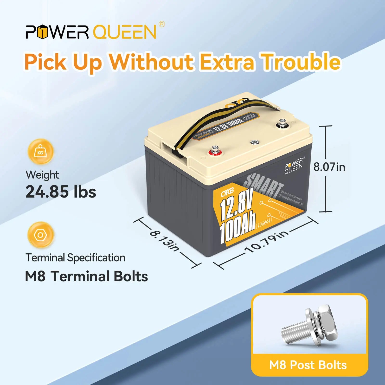Power Queen 12V 100Ah OTCB Smart LiFePO4 Battery, Built-in 100A Smart BMS Power Queen