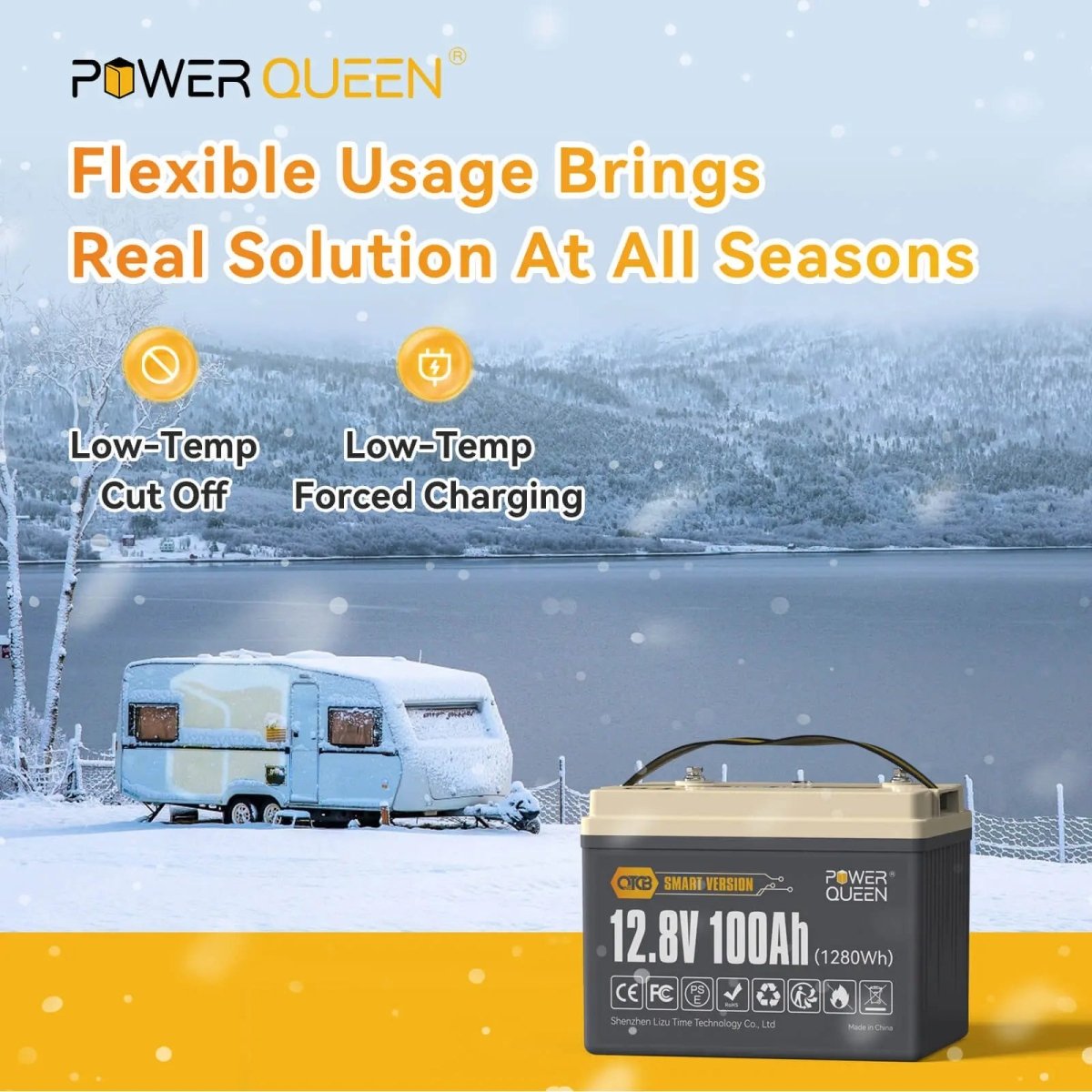 Power Queen 12V 100Ah OTCB Smart LiFePO4 Battery, Built-in 100A Smart BMS Power Queen
