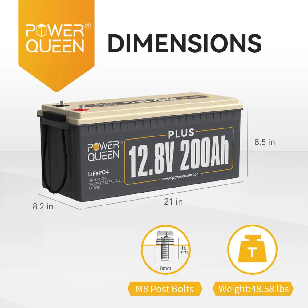Power Queen 12V 200Ah PLUS LiFePO4 Battery, Built-in 200A BMS Power Queen