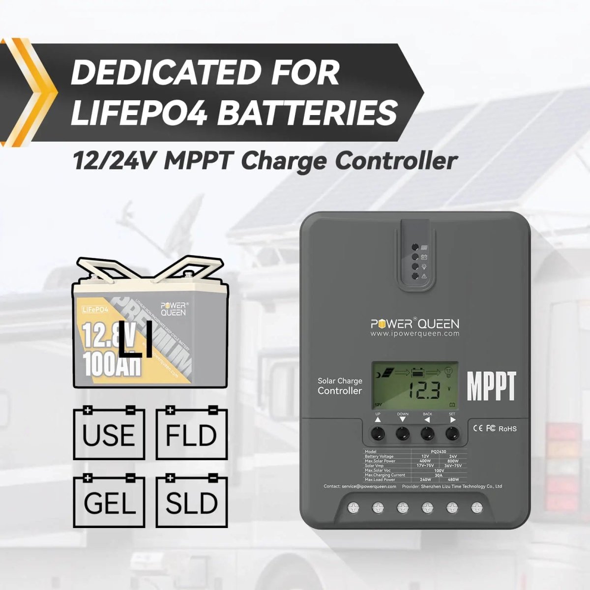 Power Queen 12V/24V 30 Amp MPPT Solar Charge Controller with Adjustable LCD Display Power Queen