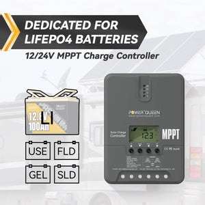 Power Queen 12V/24V 30 Amp MPPT Solar Charge Controller with Adjustable LCD Display Power Queen