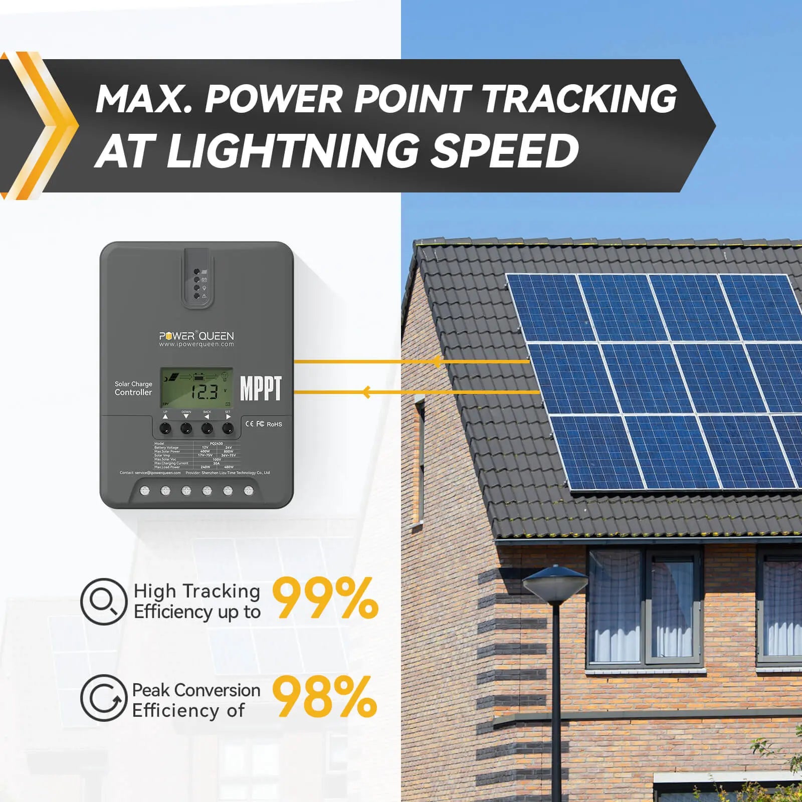 Power Queen 12V/24V 30 Amp MPPT Solar Charge Controller with Adjustable LCD Display Power Queen