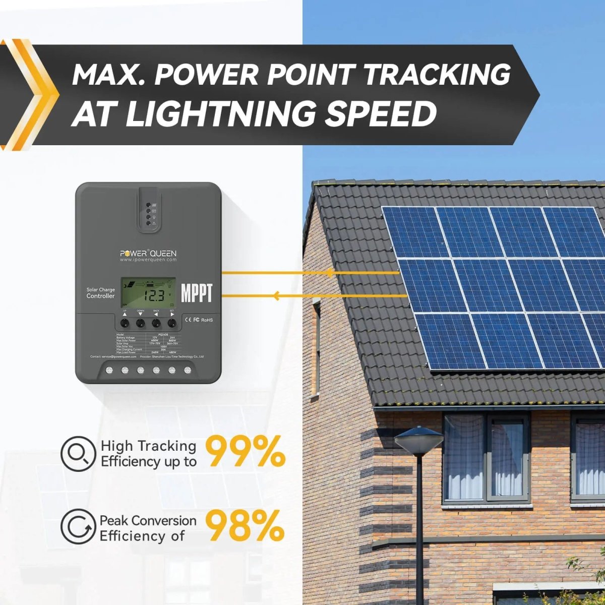 Power Queen 12V/24V 30 Amp MPPT Solar Charge Controller with Adjustable LCD Display Power Queen
