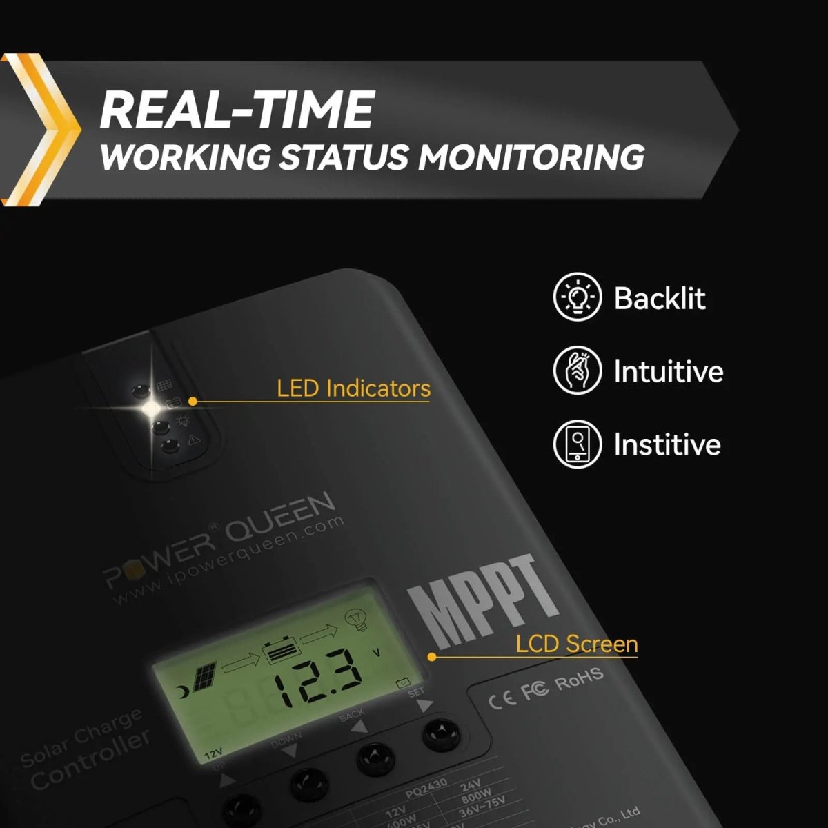 Power Queen 12V/24V 30 Amp MPPT Solar Charge Controller with Adjustable LCD Display Power Queen