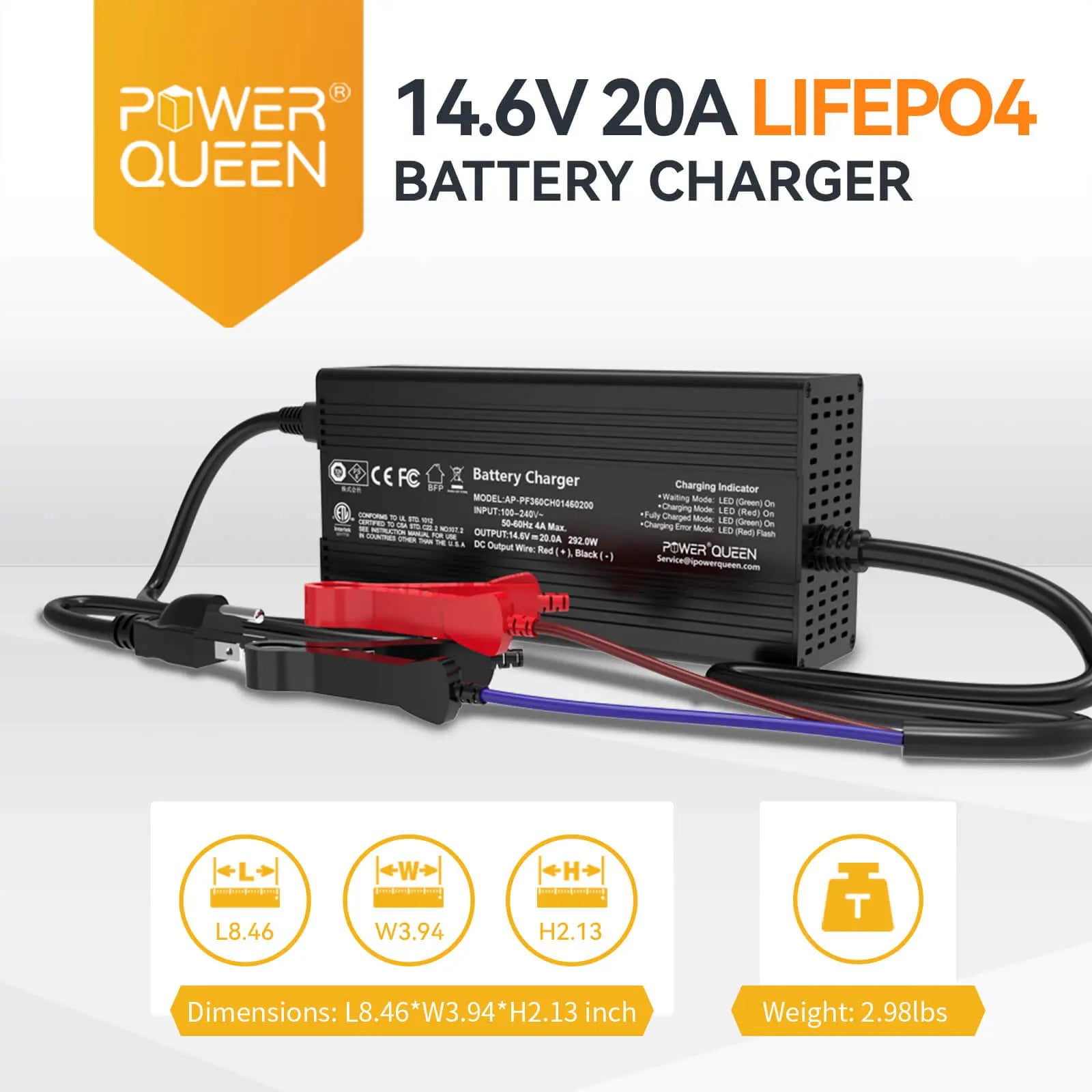 Power Queen 14.6V 20A LiFePO4 Battery Charger freeshipping