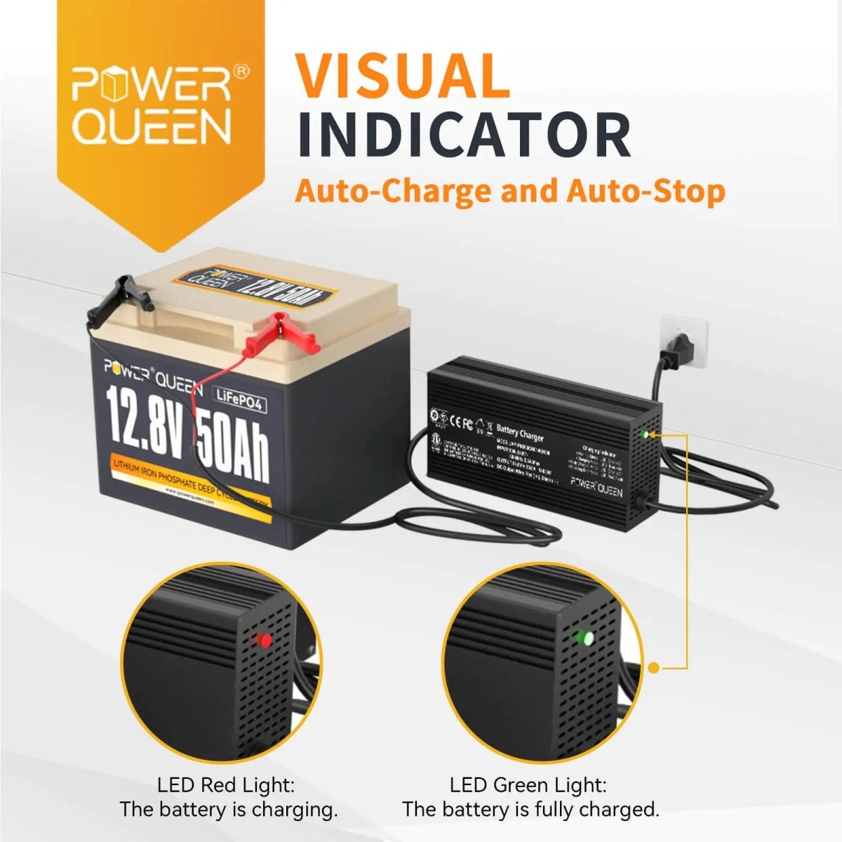 Power Queen 14.6V 20A LiFePO4 Battery Charger visual indicator