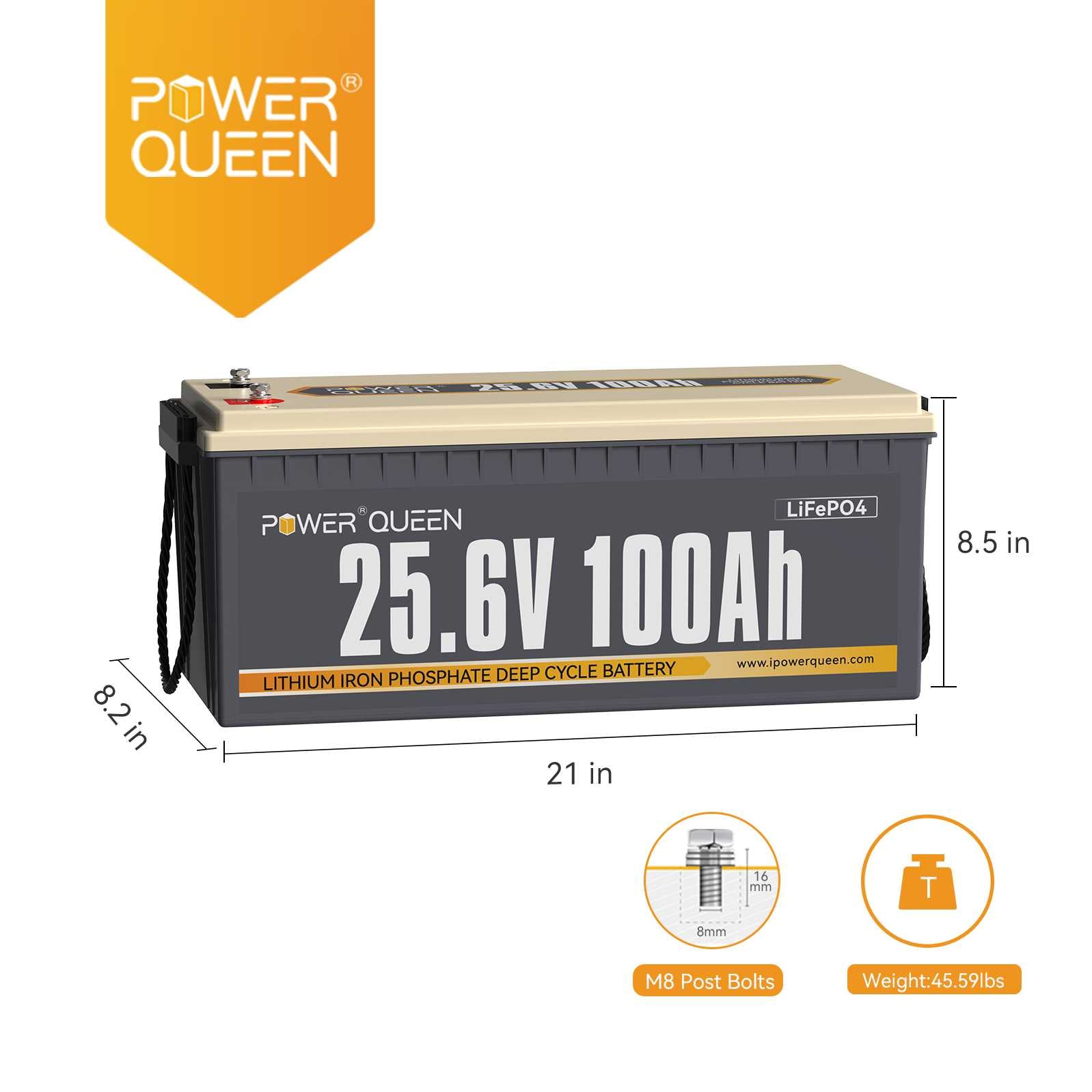 Power Queen 25.6V 100Ah LiFePO4 Battery, Built-in 100A BMS Power Queen