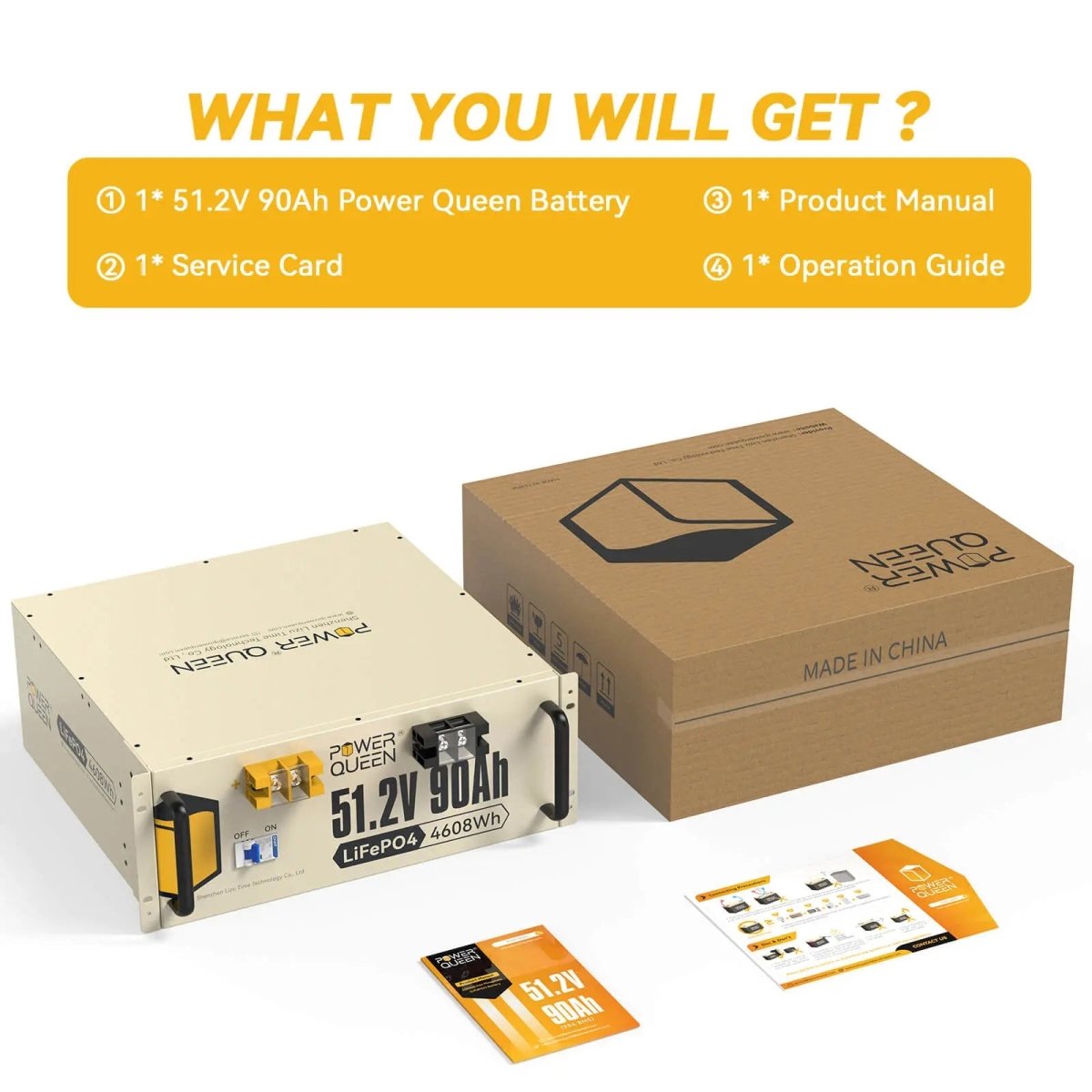 Power Queen 51.2V 90Ah LiFePO4 Battery, Built-in 90A BMS Power Queen
